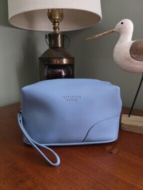 Ferragamo Parfums Travel Cosmetic Case Light Blue Faux Leather Makeup Bag